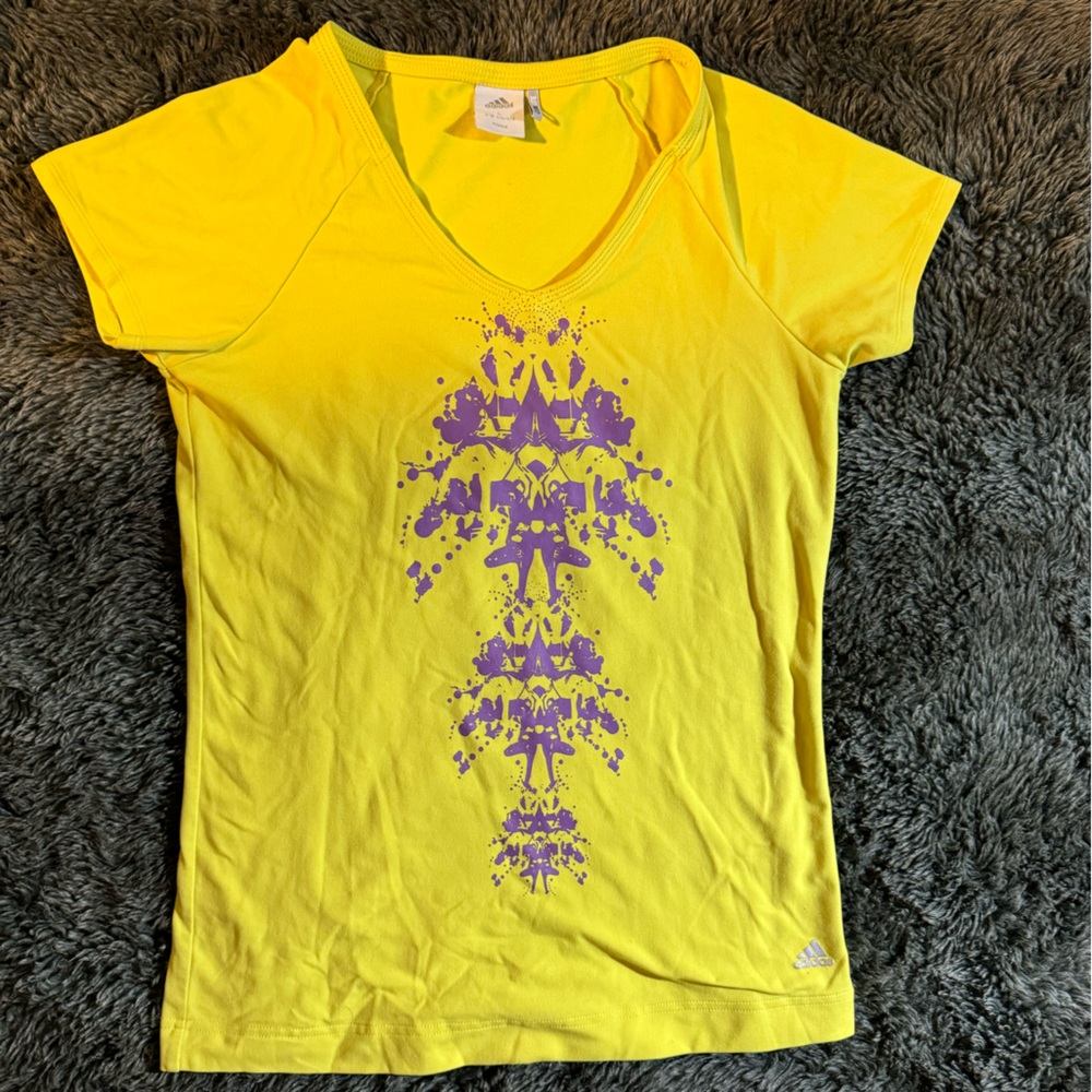 Large adidas yellow with purple ink athletic tee shirt